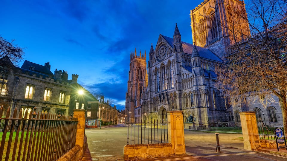 The imposing York Minster in England at night