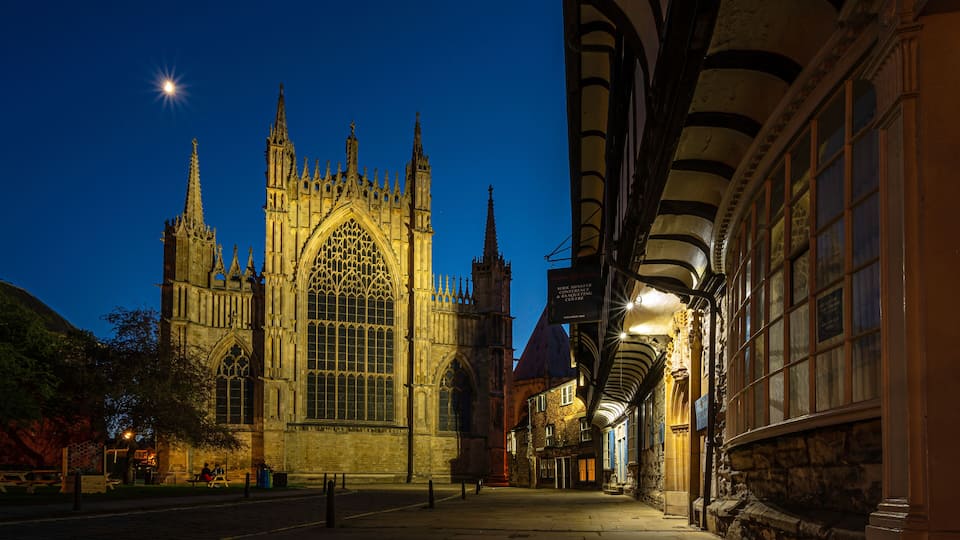York Minster, lit up on a clear summers night.