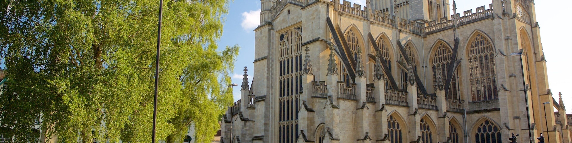 Bath Abbey mostrando imágenes de calles, una iglesia o catedral y un parque