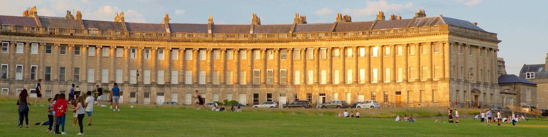 Royal Crescent which includes a garden, heritage architecture and an administrative building