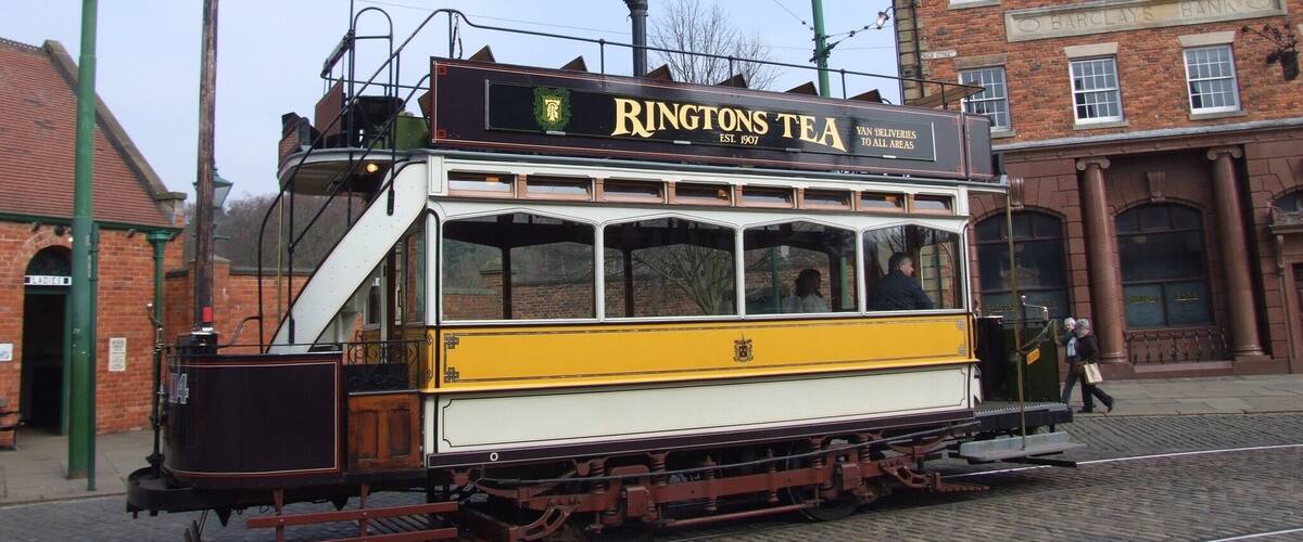 Beamish has preserved many aspects of history from North- East England with many fine shops and businesses. Here is one of a few working trams which transports visitors around the large site often used in period TV and cinema films.