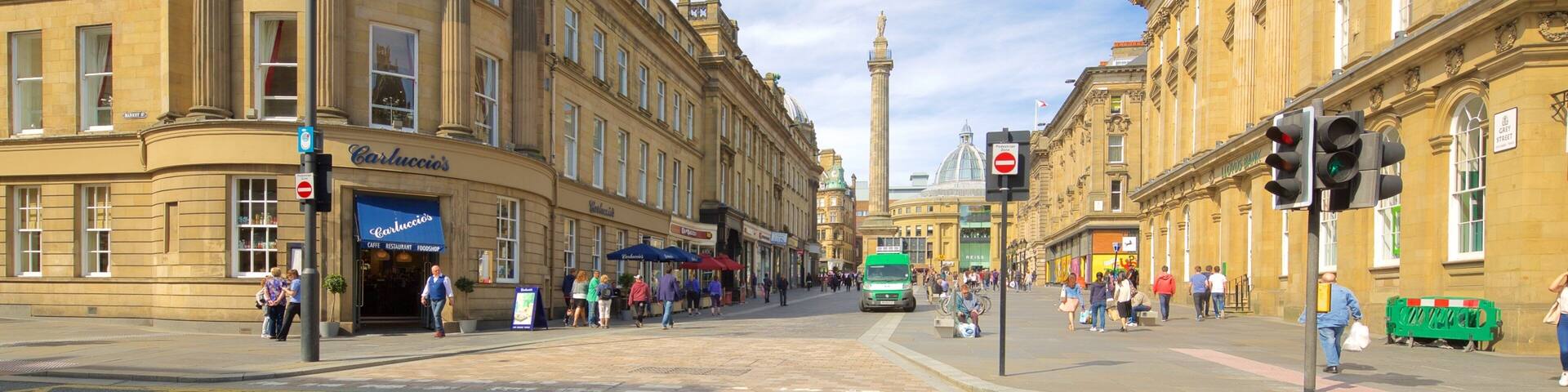 Grey\'s Monument featuring heritage architecture, street scenes and a city