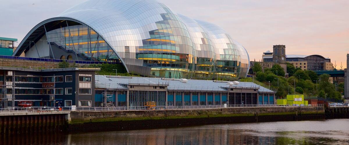 Sage Gateshead featuring a river or creek, a city and modern architecture