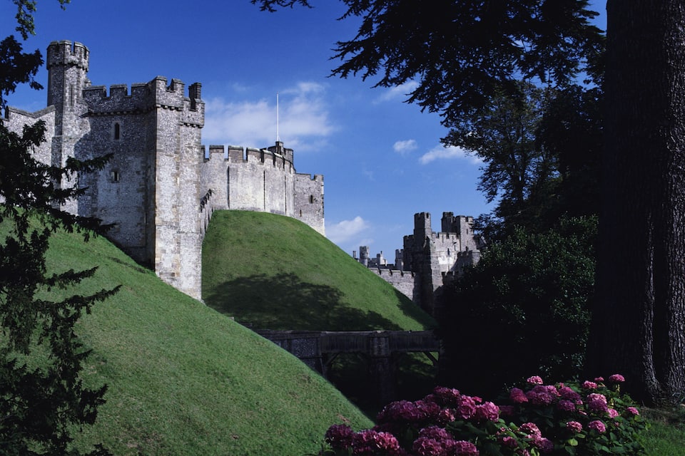 A medieval castle with a grassy hill, a wooden bridge, and pink flowers.