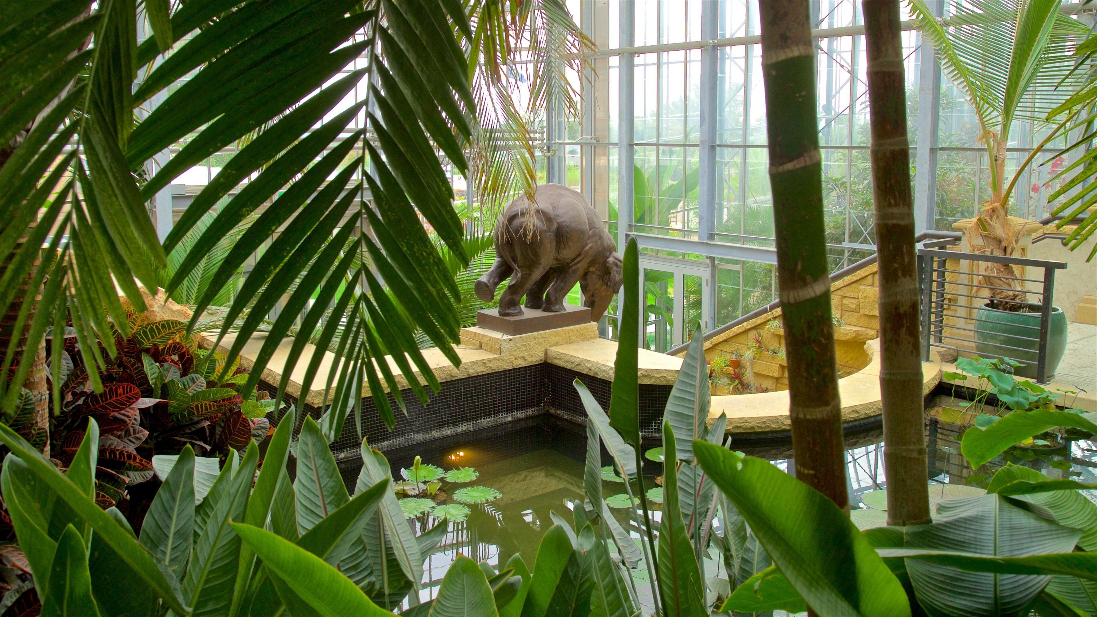Lauritzen Gardens montrant mare, vues intérieures et statue ou sculpture
