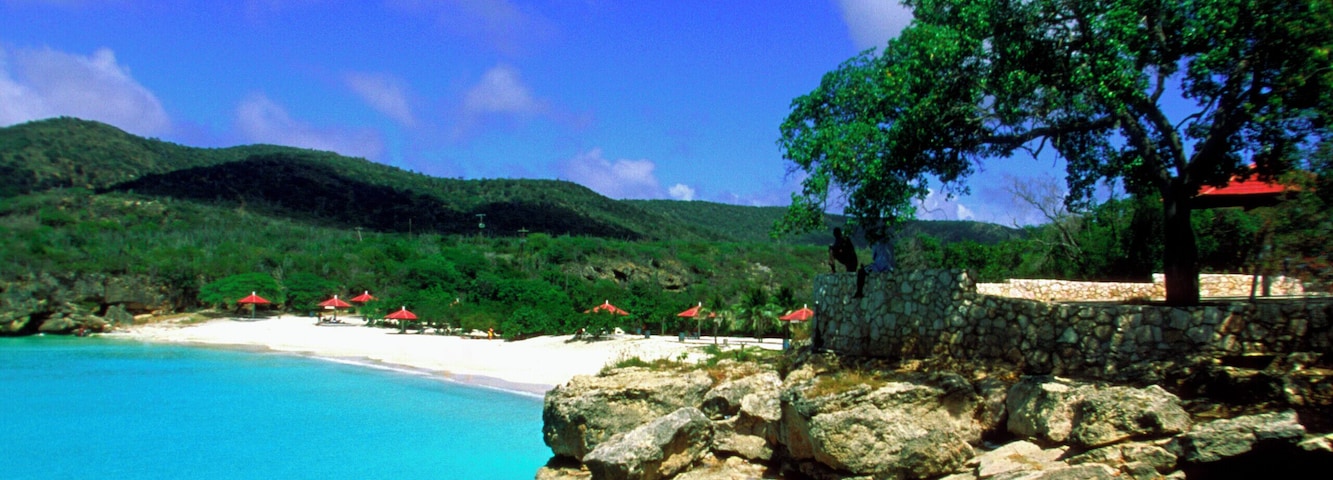 Aerial view of cliffs and Knip Beach. Curacao, Caribbean