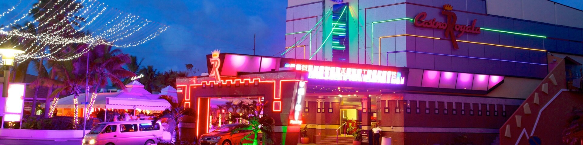 Un casino muy iluminado con letreros de neón y una palmera en primer plano.