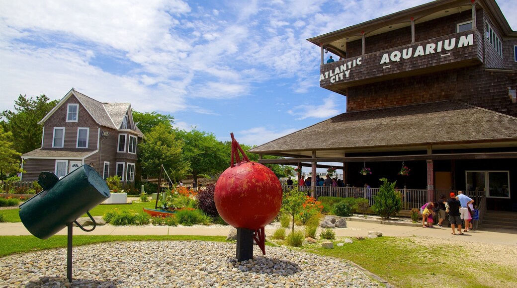 Atlantic City Aquarium showing signage, marine life and outdoor art