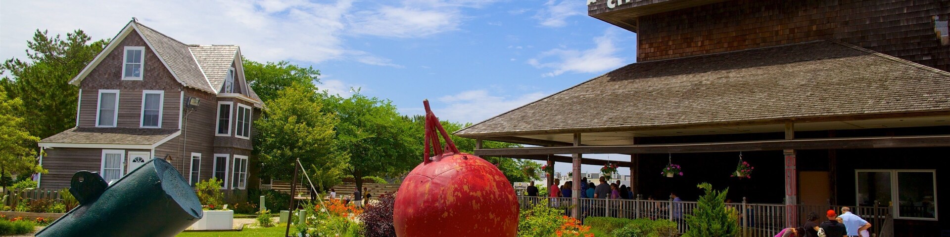 Atlantic City Aquarium showing signage, marine life and outdoor art
