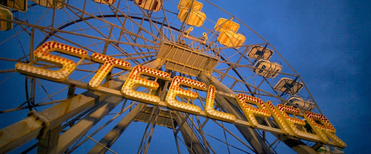 Una noria con letras iluminadas 'STEEL CITY'.