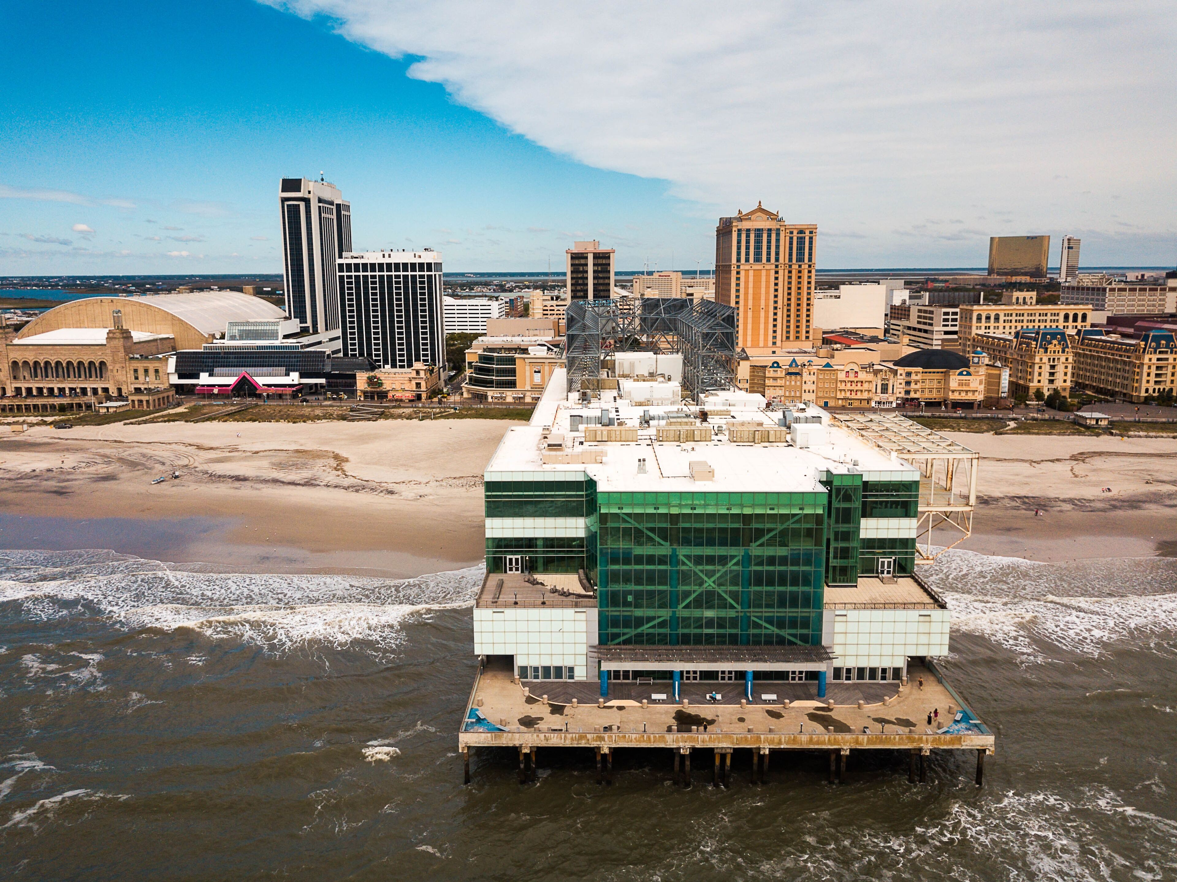 Aerial photo of Playground pier and Atlantic City hotels and casinos