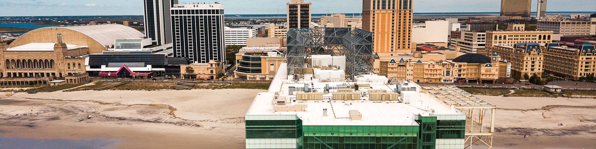 Aerial photo of Playground pier and Atlantic City hotels and casinos