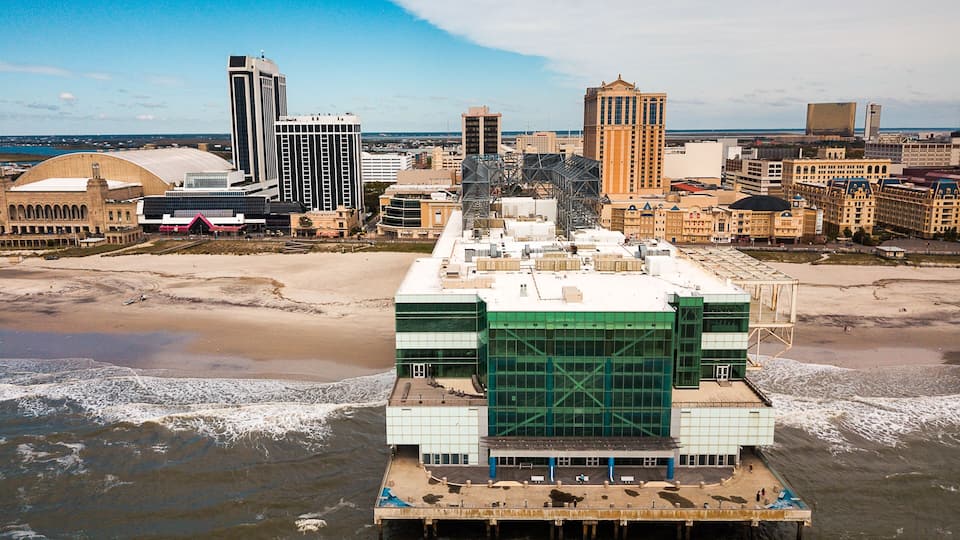 Aerial photo of Playground pier and Atlantic City hotels and casinos