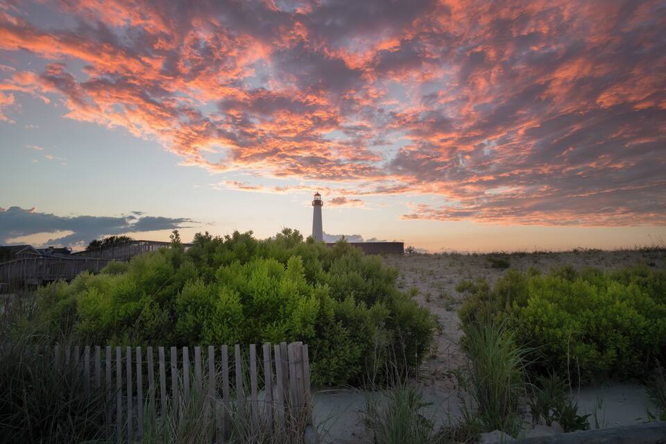 A lighthouse surrounded by sand dunes and dense green vegetation.
