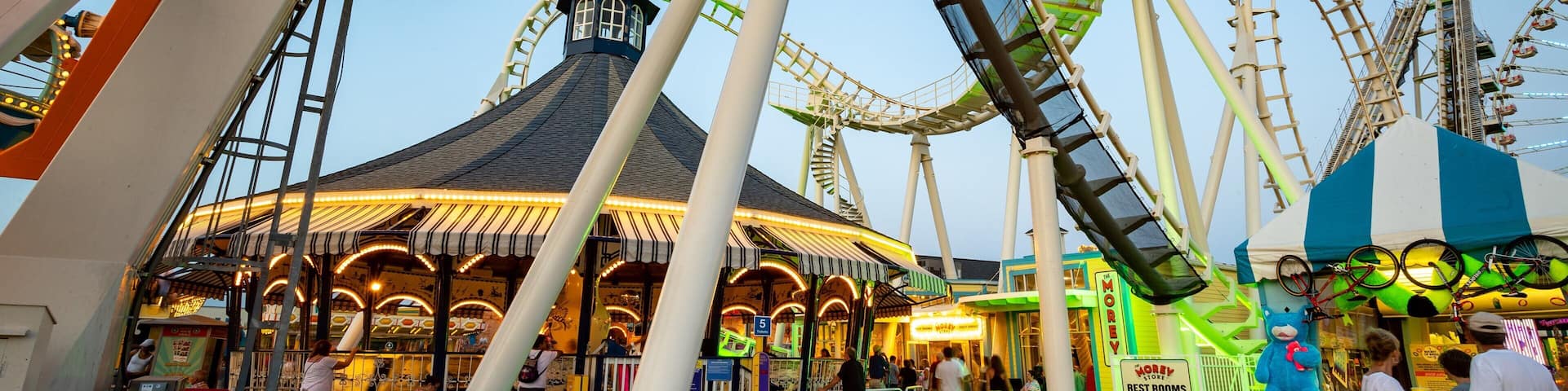 A carnival with a Ferris wheel, roller coaster, and various rides.