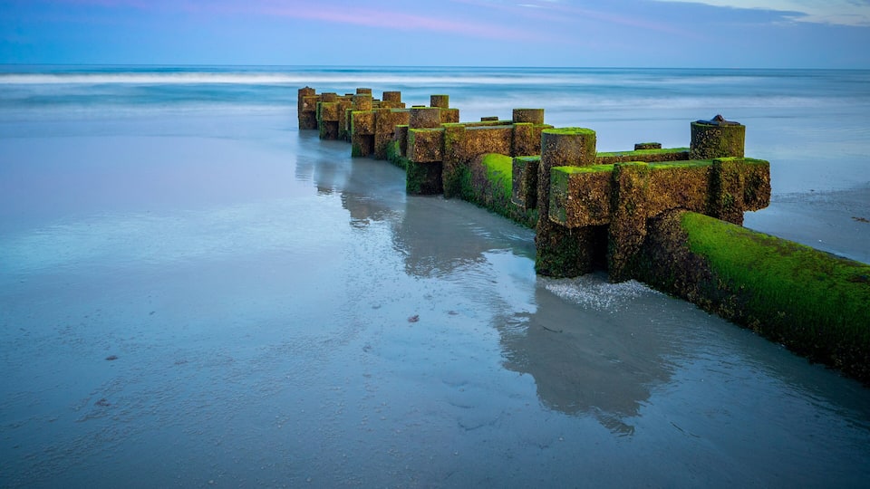 A series of weathered stone breakwaters along a beach.