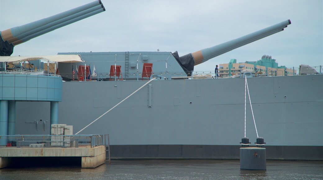 Battleship New Jersey showing a marina and military items