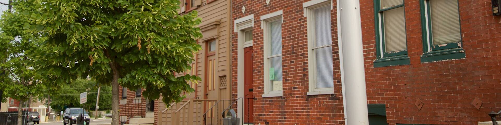 A street with a sign for 'Walt Whitman House'.