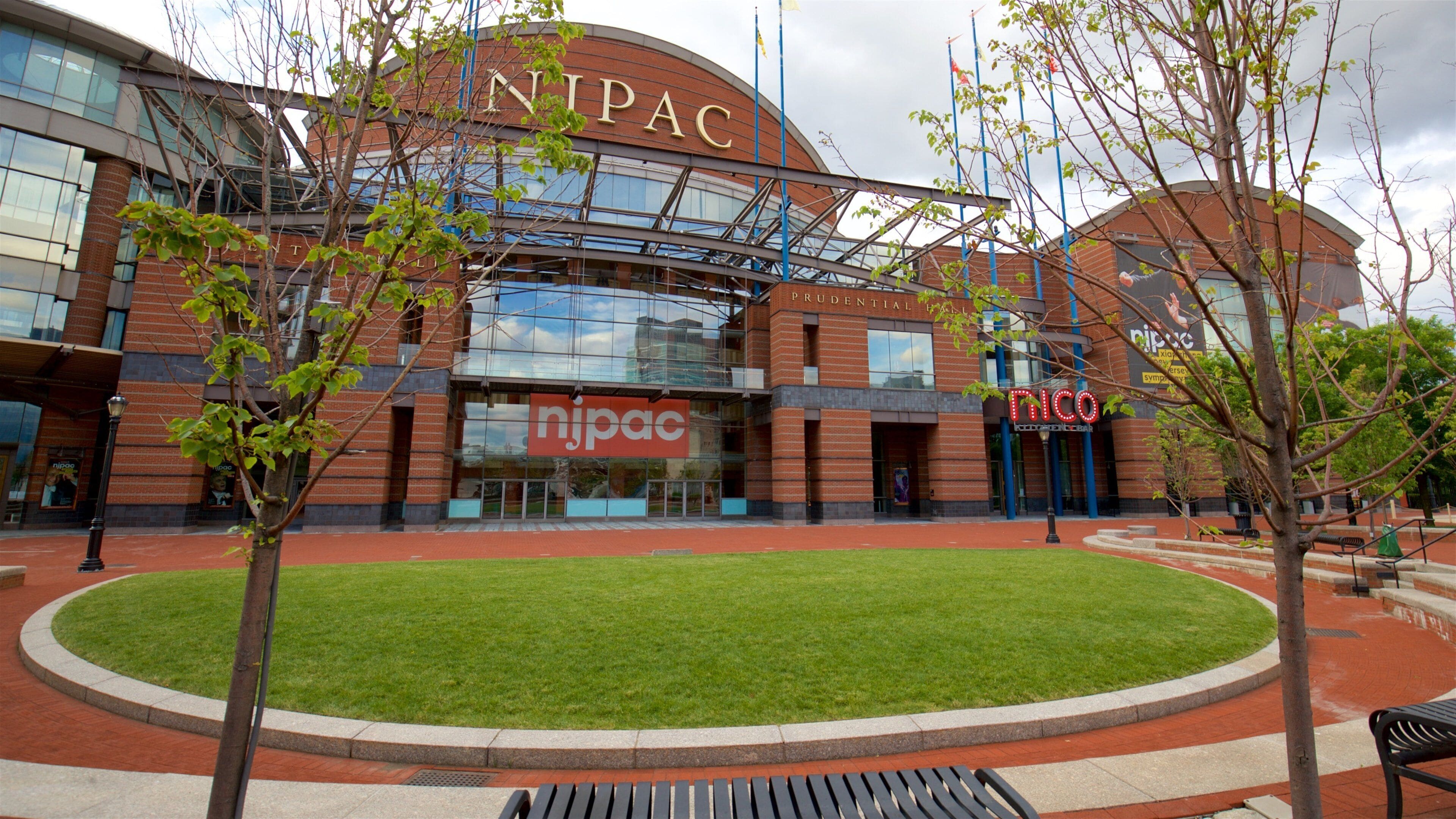 A modern building with the signage 'NJPAC' and 'NICO'.