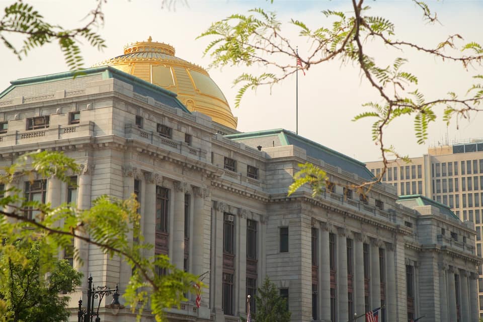 A large neoclassical building with a golden dome and columns.