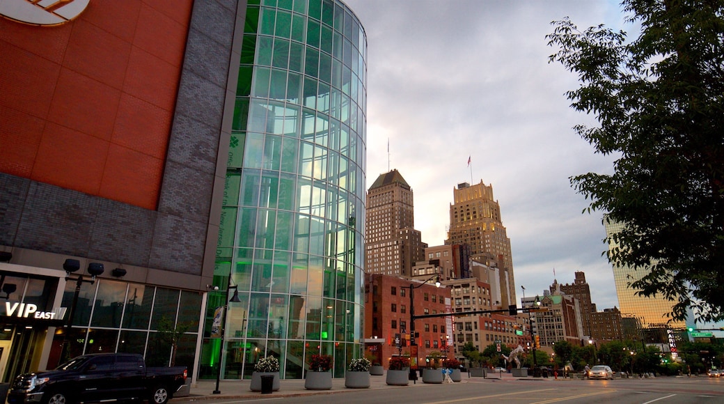 Prudential Center showing a high rise building and a city