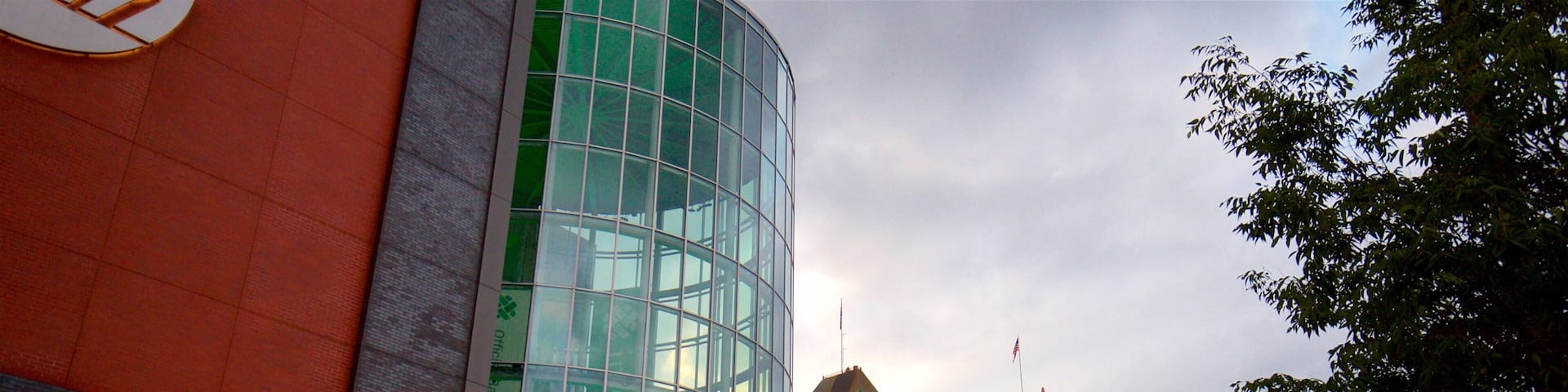 Prudential Center showing a high rise building and a city