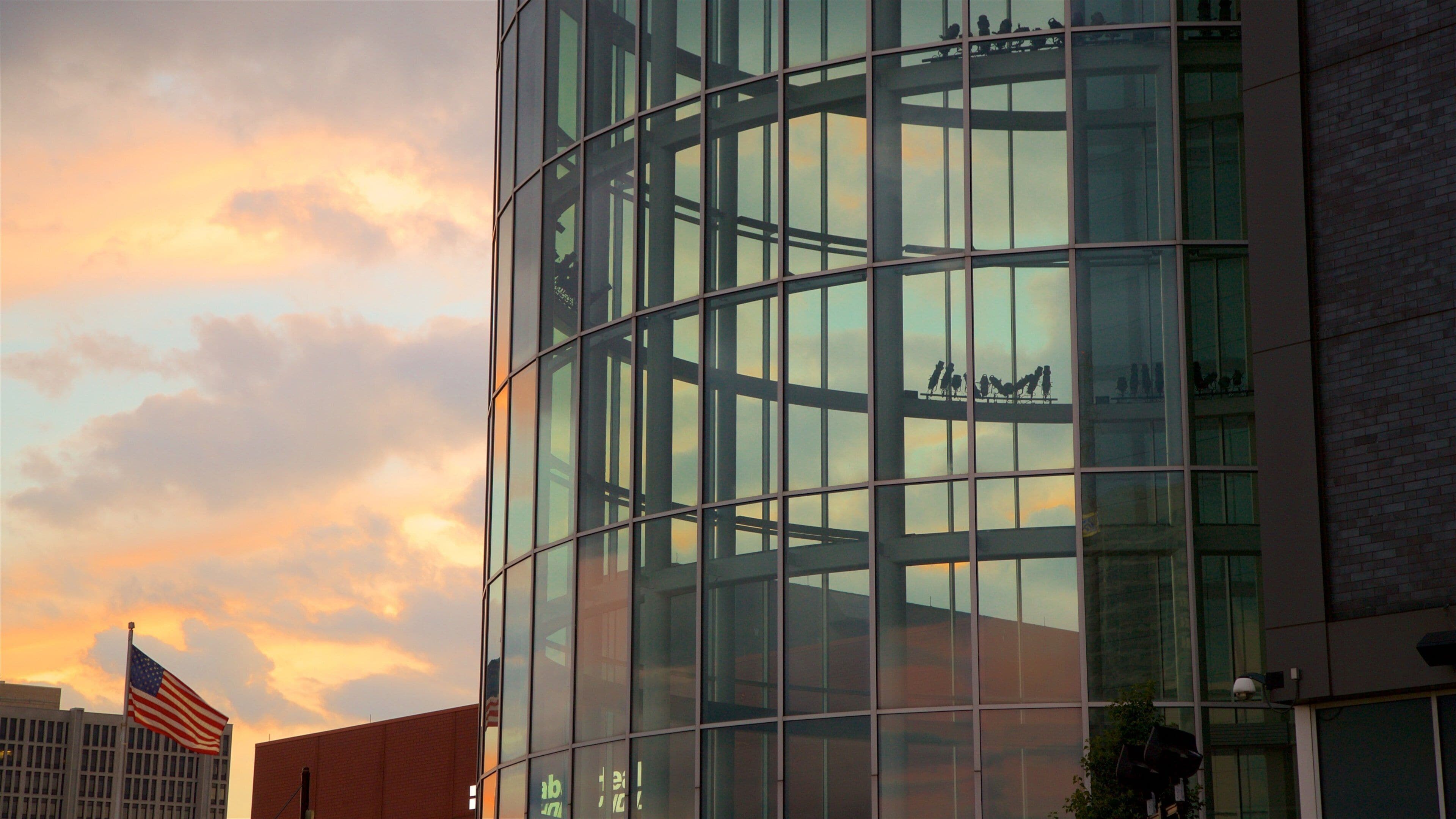 Prudential Center featuring a sunset