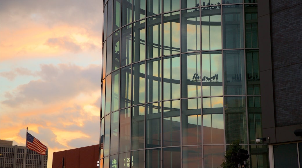 Prudential Center featuring a sunset