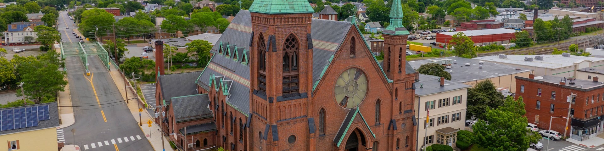 Saint Patrick Parish Church aerial view at 118 S Broadway in historic city center of Lawrence, Massachusetts MA, USA.