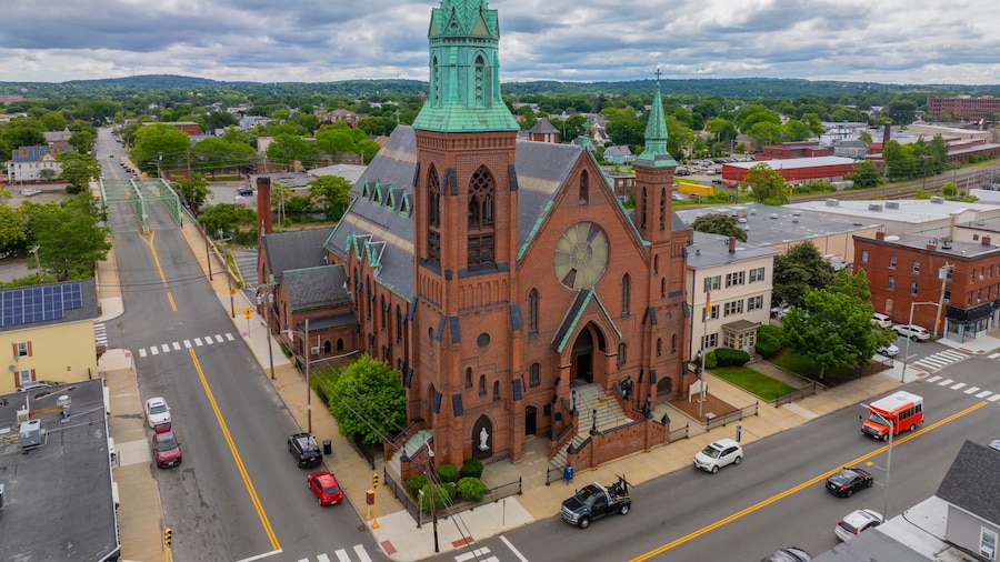 Saint Patrick Parish Church aerial view at 118 S Broadway in historic city center of Lawrence, Massachusetts MA, USA.