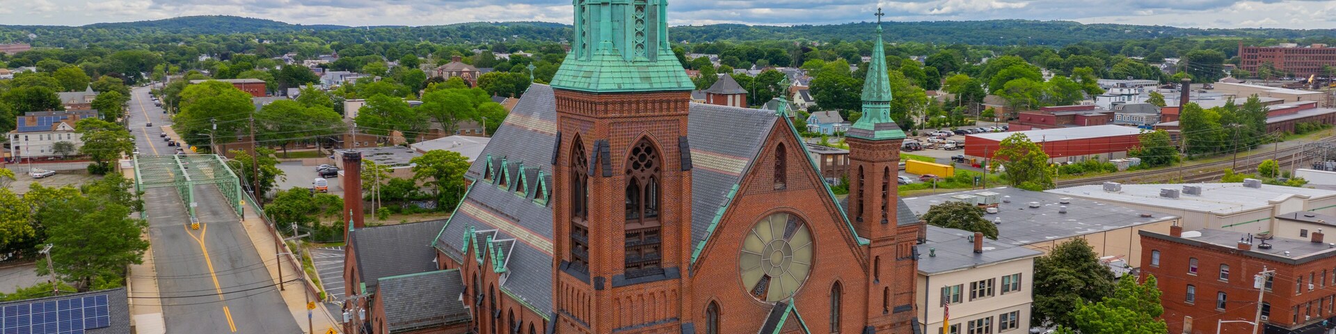 Saint Patrick Parish Church aerial view at 118 S Broadway in historic city center of Lawrence, Massachusetts MA, USA.