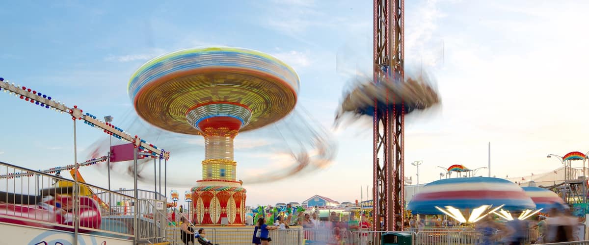 A carousel, a Ferris wheel, and a water ride at an amusement park.
