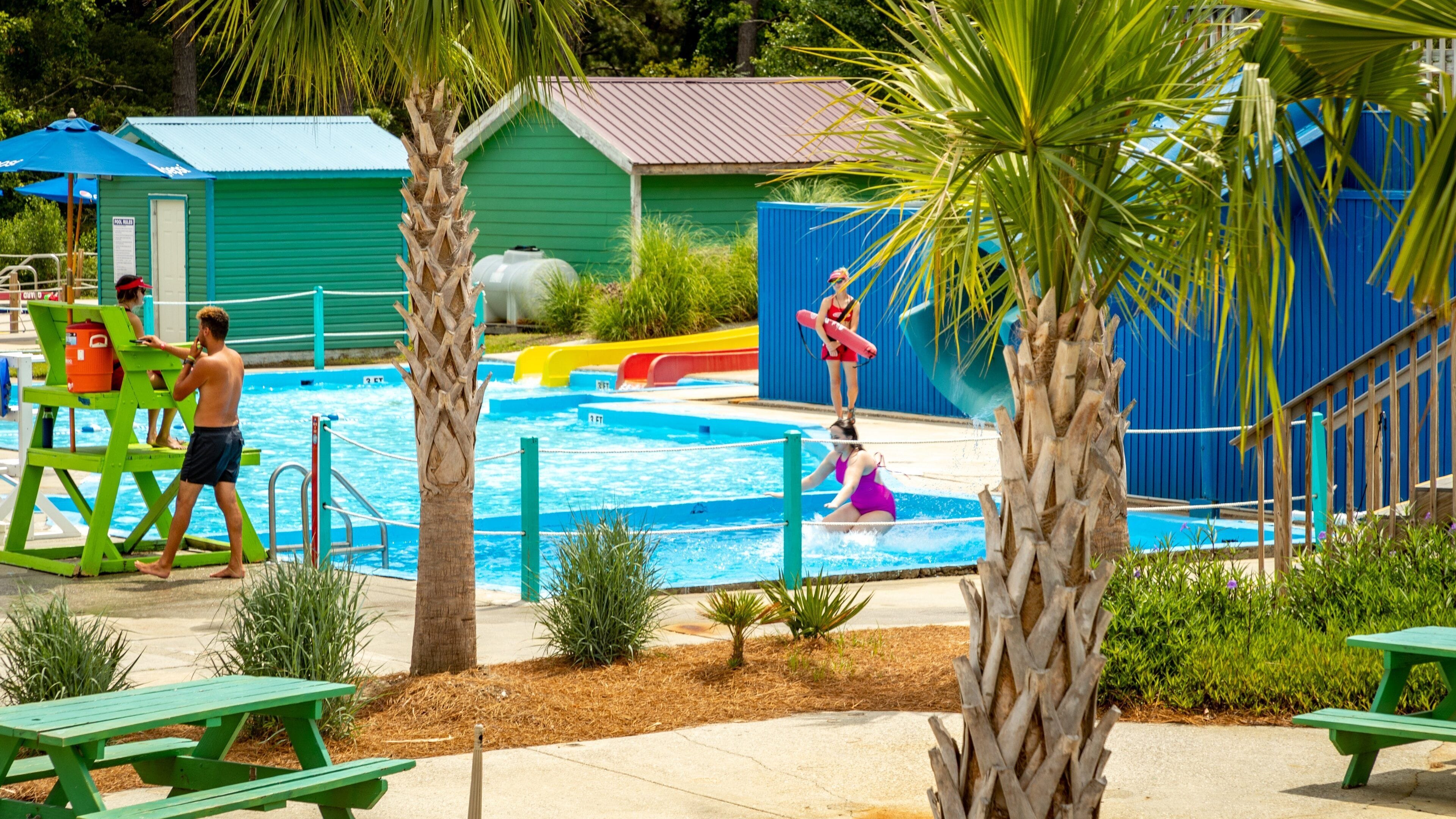 A swimming pool with palm trees, a lifeguard stand, and a blue slide.