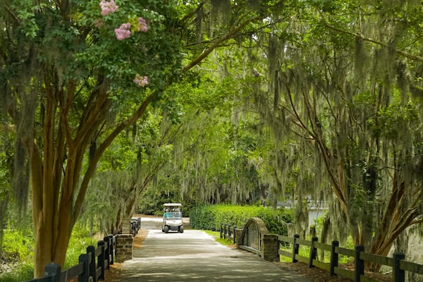 Caledonia Golf and Fish Club which includes a bridge and a park as well as a small group of people