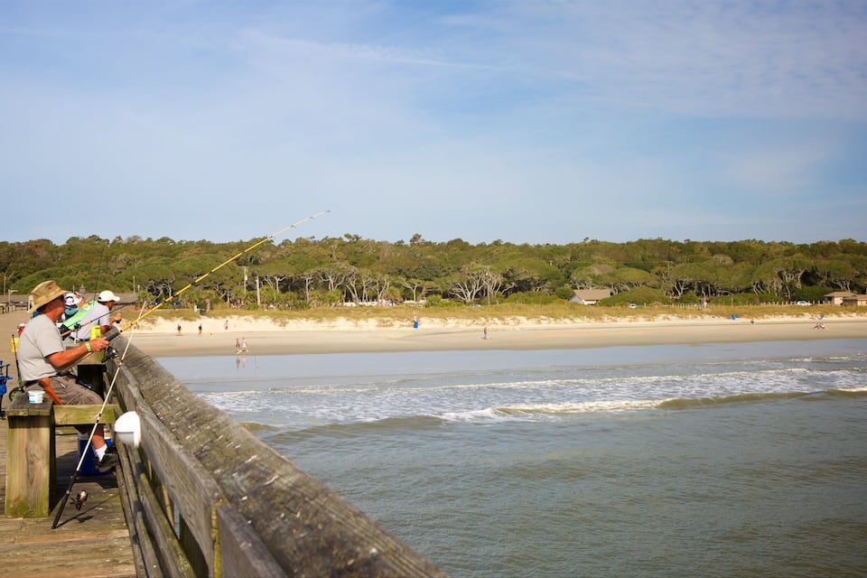 A wooden pier with people fishing, a sandy beach, and a forested hill in the background.