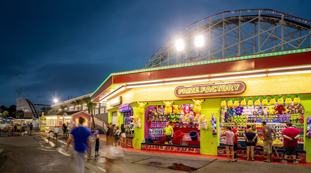 Family Kingdom Amusement Park featuring signage, night scenes and rides