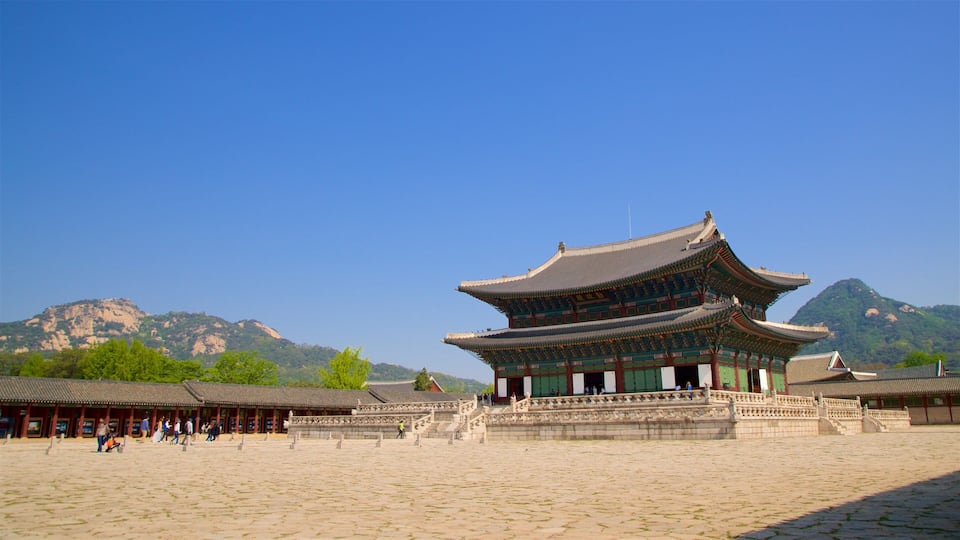 Gyeongbok Palace showing heritage architecture, landscape views and a square or plaza