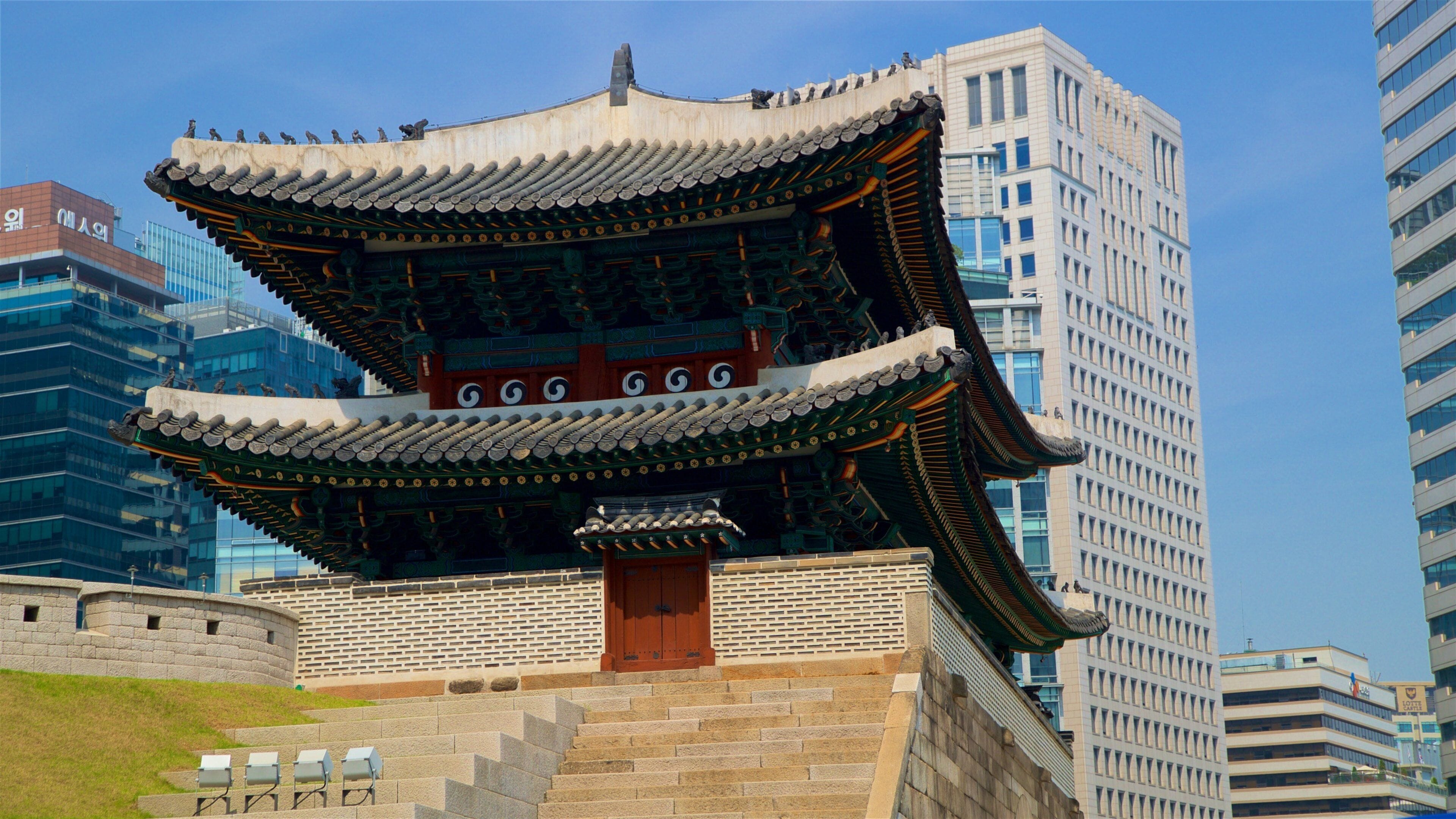 Sungnyemun Gate which includes a high-rise building, a city and heritage architecture