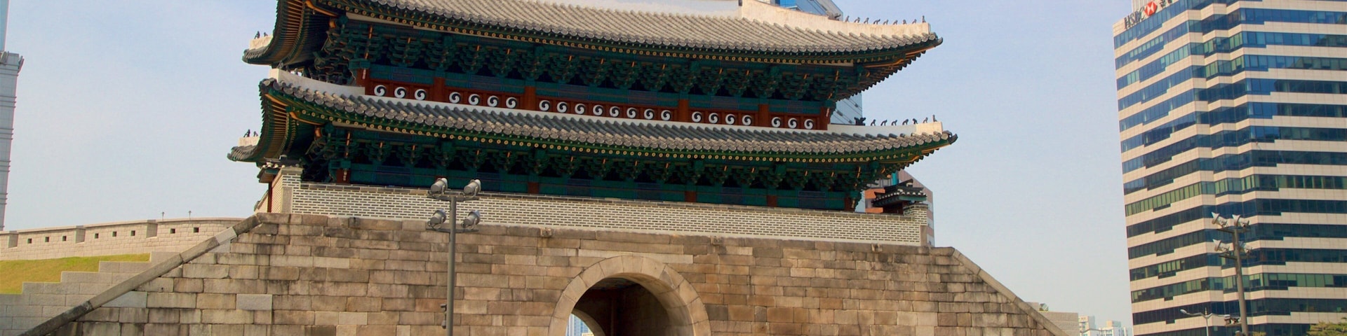 Porte de Sungnyemun mettant en vedette fleurs sauvages, ville et patrimoine architectural