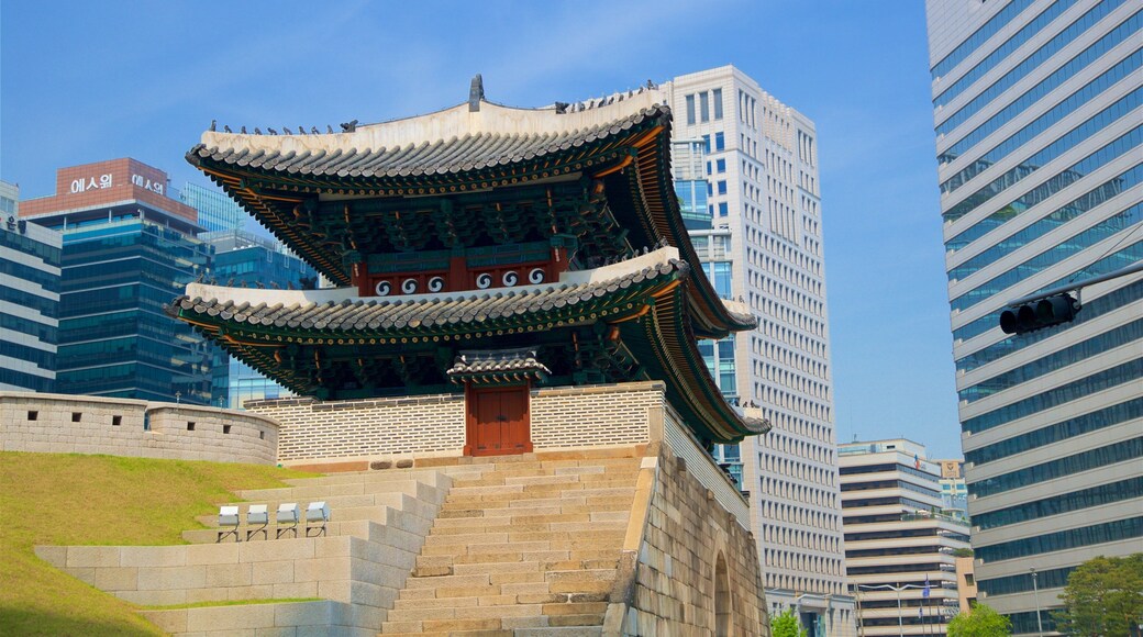 Sungnyemun Gate which includes a skyscraper, heritage architecture and a city