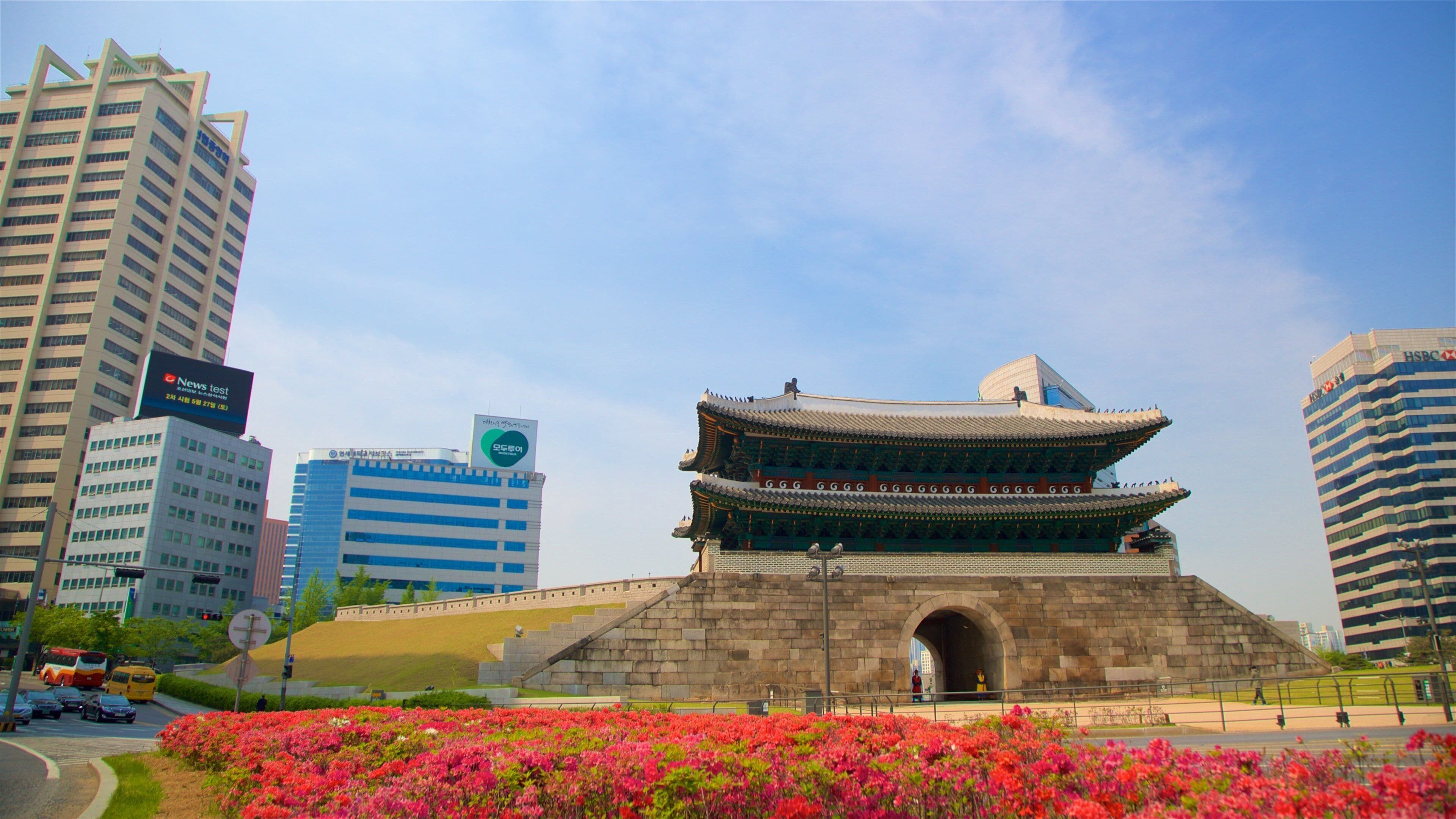 Sungnyemun Gate showing heritage architecture, wildflowers and a city