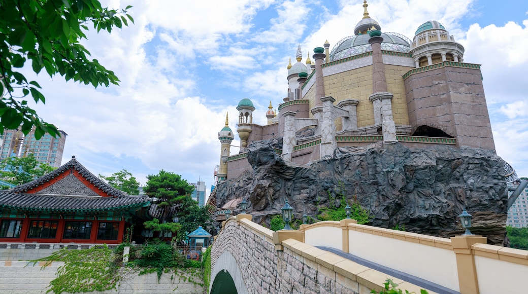 Lotte World amusement theme park around Seokchon lake, a major tourist attraction in Seoul, South Korea.