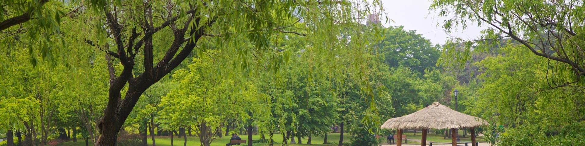 A serene park with a pond, lush greenery, and a thatched gazebo.