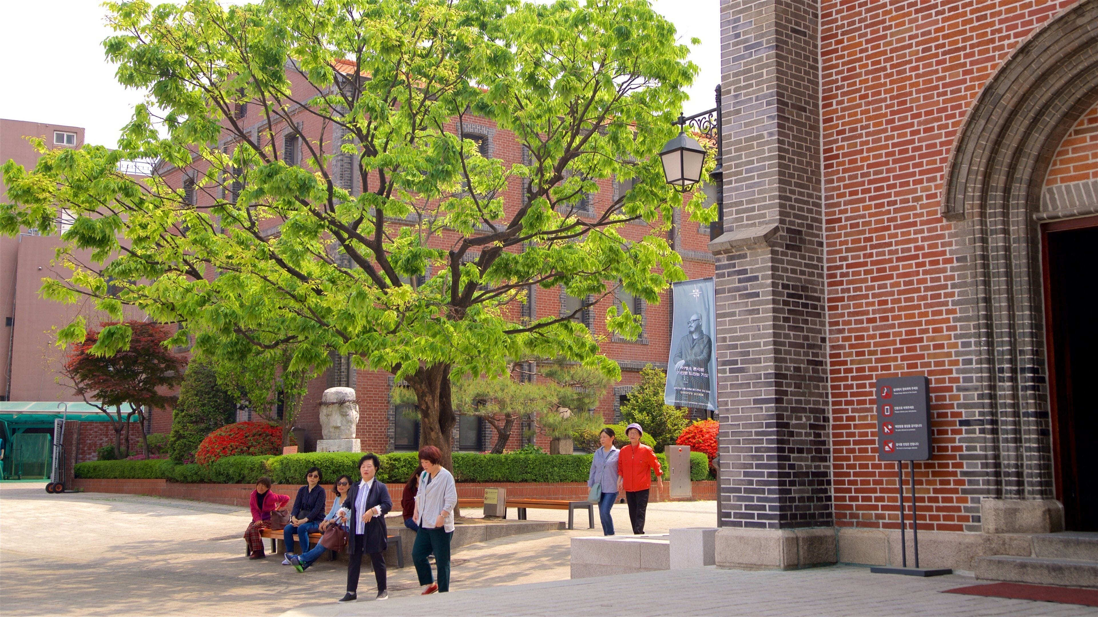 Myeongdong-katedralen som viser kulturarvsgenstande såvel som en lille gruppe mennesker