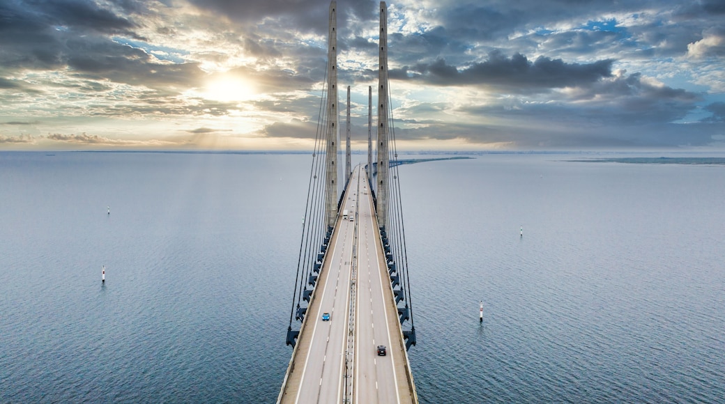 The bridge between Denmark and Sweden, Oresundsbron. Aerial view of the bridge during cloudy stormy weather.