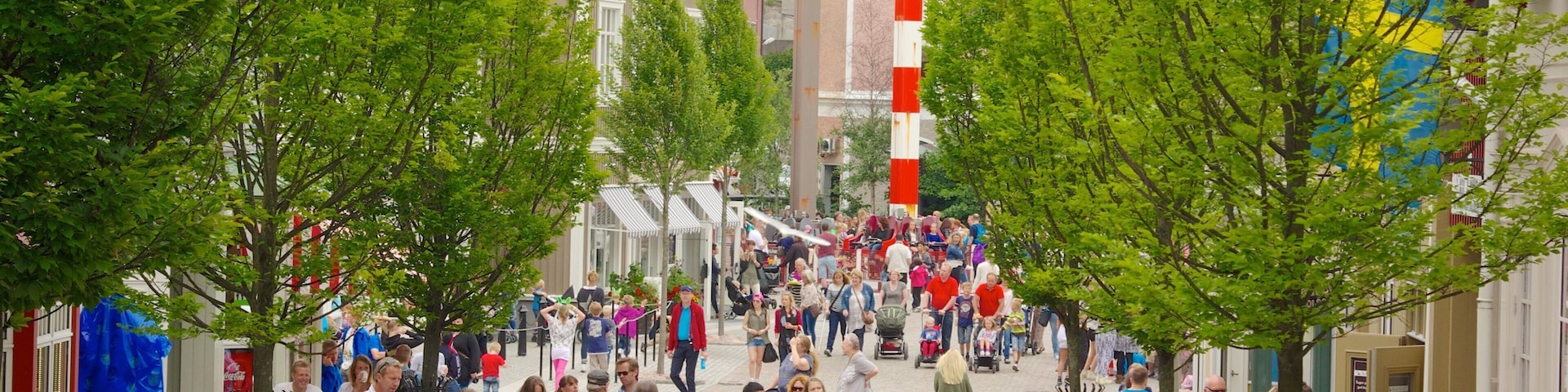Liseberg Amusement Park which includes a city and street scenes as well as a large group of people
