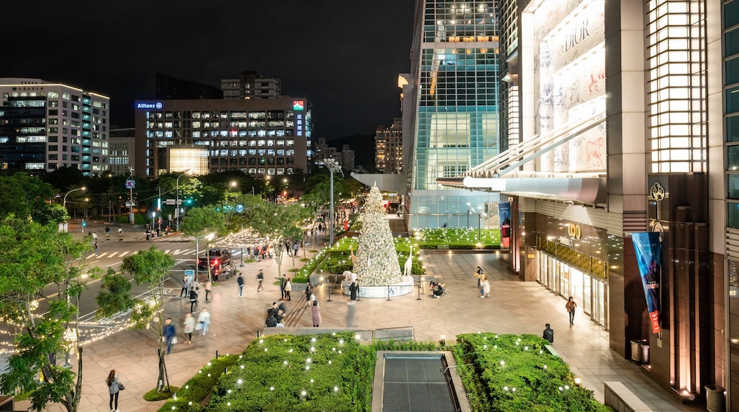 Taipei 101 which includes a square or plaza, night scenes and a city