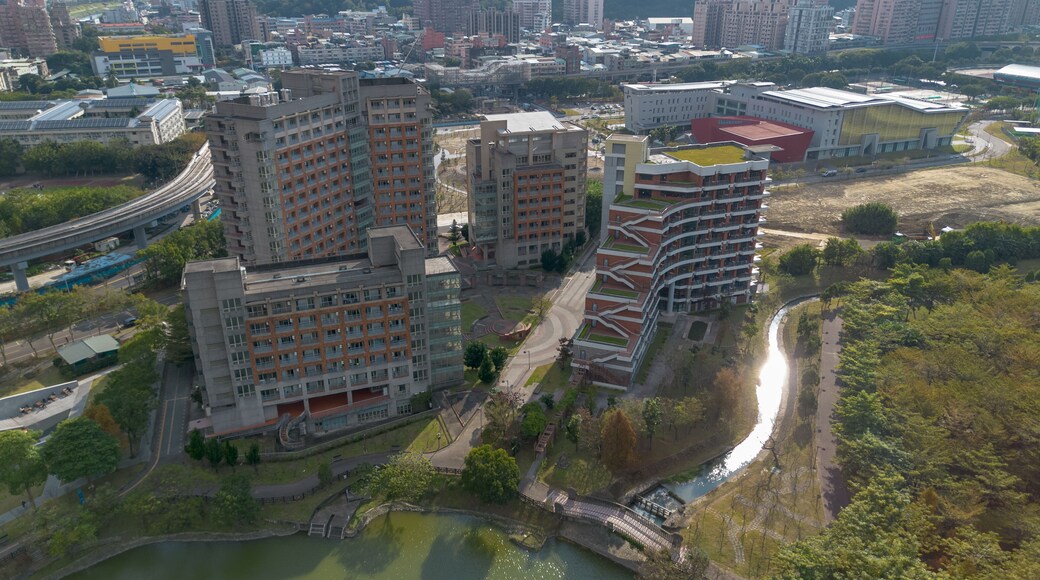 Dormitory of National Taipei University Aerial View at Sanxia, New Taipei City, Taiwan. Beautiful campus with sunset and green grass.