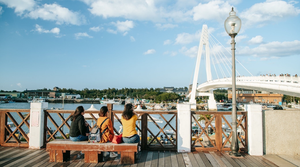 Tamsui Fisherman\'s Wharf showing views and a bay or harbor as well as a small group of people