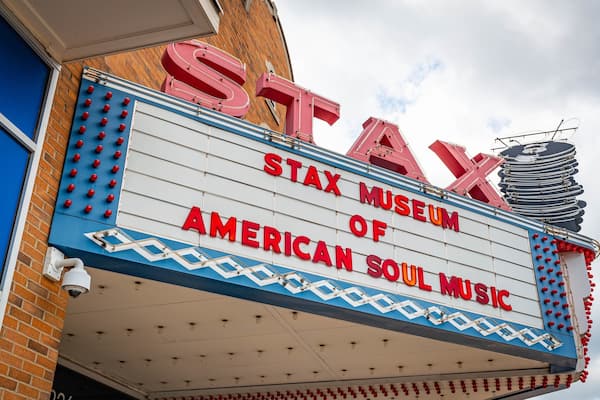A theater marquee with the words "STAX MUSEUM OF AMERICAN SOUL MUSIC" in red letters.